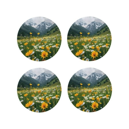 

Tideii Mountain Daisy Meadow for Leather Coasters 4 Pieces Anti-fouling and Anti-scalding Decorative Coasters Suitable for Restaurants Kitchens Coffee Shops-Round Shape