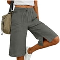 thumbnail image 2 of ZHYou Linen Shorts for Women Drawstring Waist Casual Loose Fit Side Split Hem Summer Long Shorts with Pockets,Gray,Size M, 2 of 7