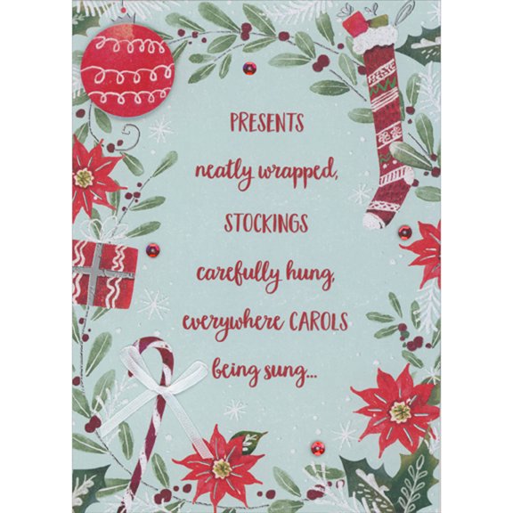 Designer Greetings Presents Neatly Wrapped: Red 3D Die Cut Globe Ornament, White Bow and Sequins on Light Blue Hand Decorated Christmas Card for Grandson and Family