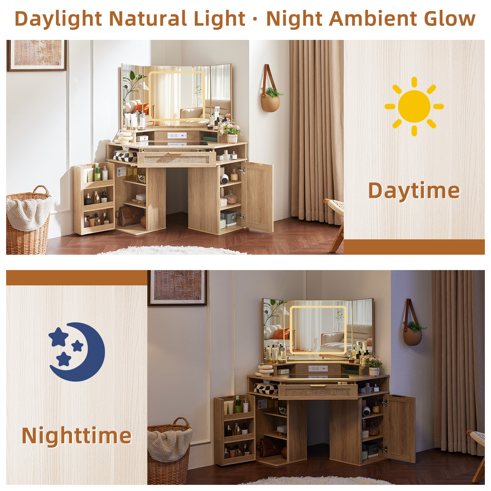 Makeup Vanity Desk with 3 Lighting Options, Dressing Table with Charging Station, Vanity Set with a Large Cabinet, Shelves and Stool, Corner Vanity for Women Girls, Natural Wood