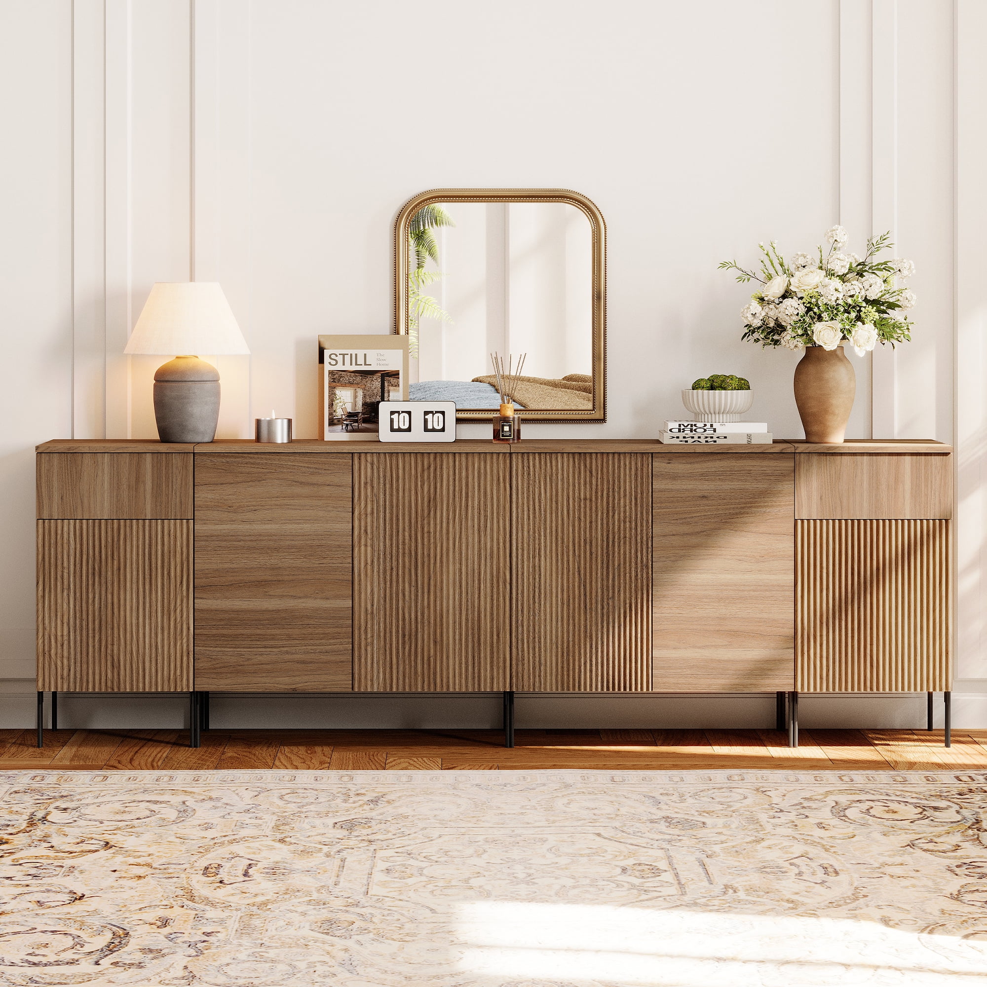 94.5" Modern Wood Reeded Drawer Dresser with Doors, Minimalist Dresser Organizer Storage Cabinet With Charging Station for Bedroom,Living room, Entryway