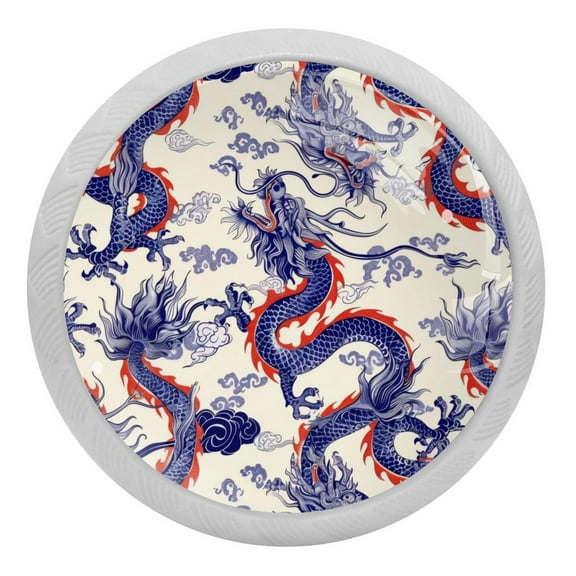 PhooArto Blue Chinese Dragon Pattern 4 PCS Crystal Glass Cabinet Knobs, Drawer Kitchen Cabinets Dresser Cupboard Wardrobe Pulls Handle - Glowing in the Dark