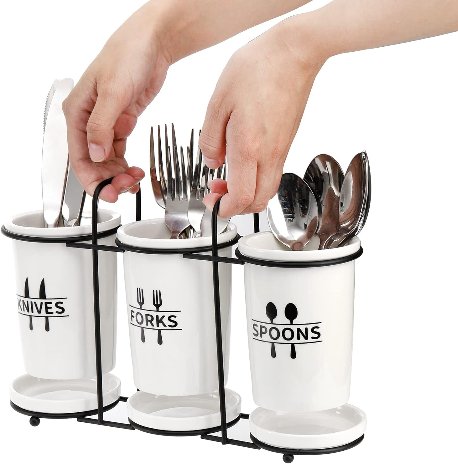 Flatware Holder, 3-Piece Silverware Utensil Holder Ceramic Flatware Caddy with Metal Rack, Flatware Caddy White Ceramic Cutlery Organizer for Forks, Spoons, Knives$$Home Decor, Kitchen, & Other