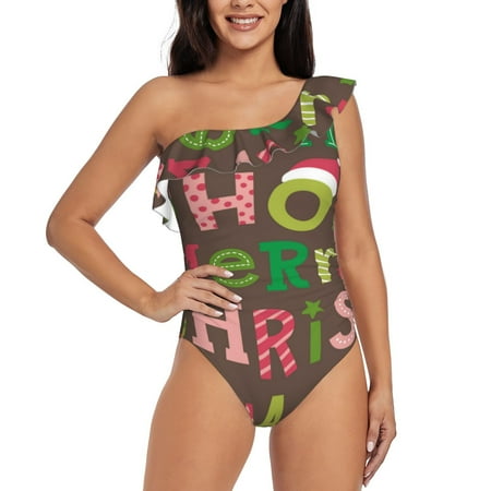 Uemuo Ho Ho Ho Merry Christmas Print Women s One Piece Swimsuit Asymmetrical Neck Bathing Suit One Shoulder Side Cutout Ruffle Swimwear-Medium