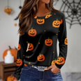 thumbnail image 2 of WTOBBY Women's Daily Casual Long Sleeve Printed Round Neck Top, Halloween Theme Split Hem Blouse for Fall Seasonal Fashion,Black L, 2 of 5