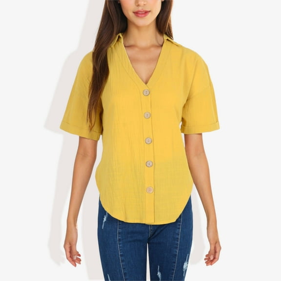 Women's Short Sleeve Button Down Shirt with V-Neckline- Medium, Yellow