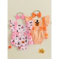 thumbnail image 3 of Miaouyo Infant Baby Girls Halloween Romper 0 3 6 12 18 Months Pumpkin Print Fly Sleeves Square Neck Jumpsuits and Cute Headband, 3 of 9