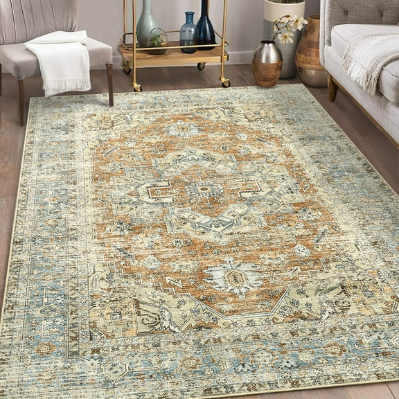 Hasoo Area Rug 6' x 9' Washable Vintage Rugs for Living Room Bedroom Kitchen Medallion Distressed Carpet Oriental Non Slip Floor Rug Accent Rug Orange