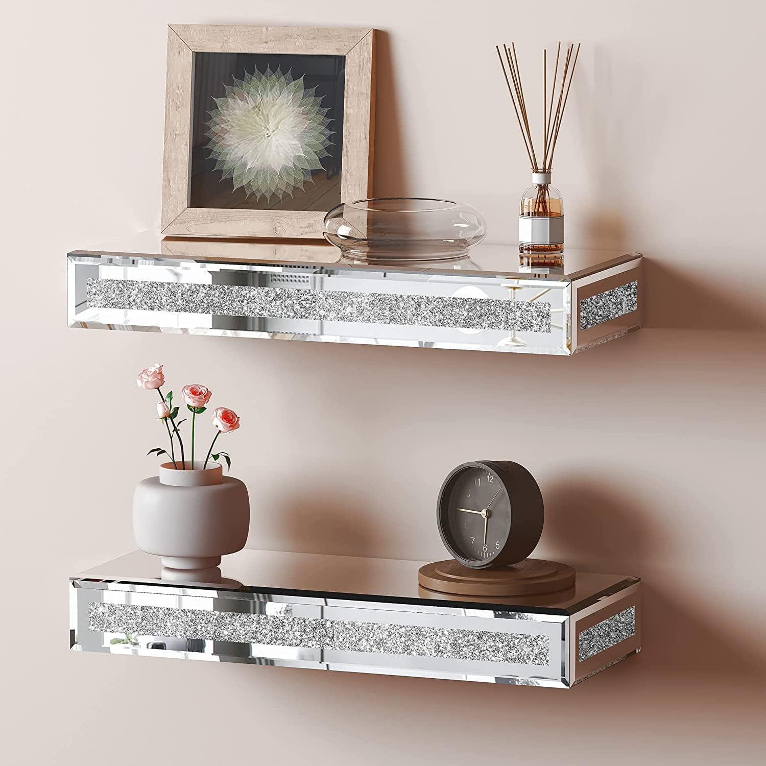 SHYFOY Mirrored Floating Shelves Wall Mounted Set of 2, Glitter Glass