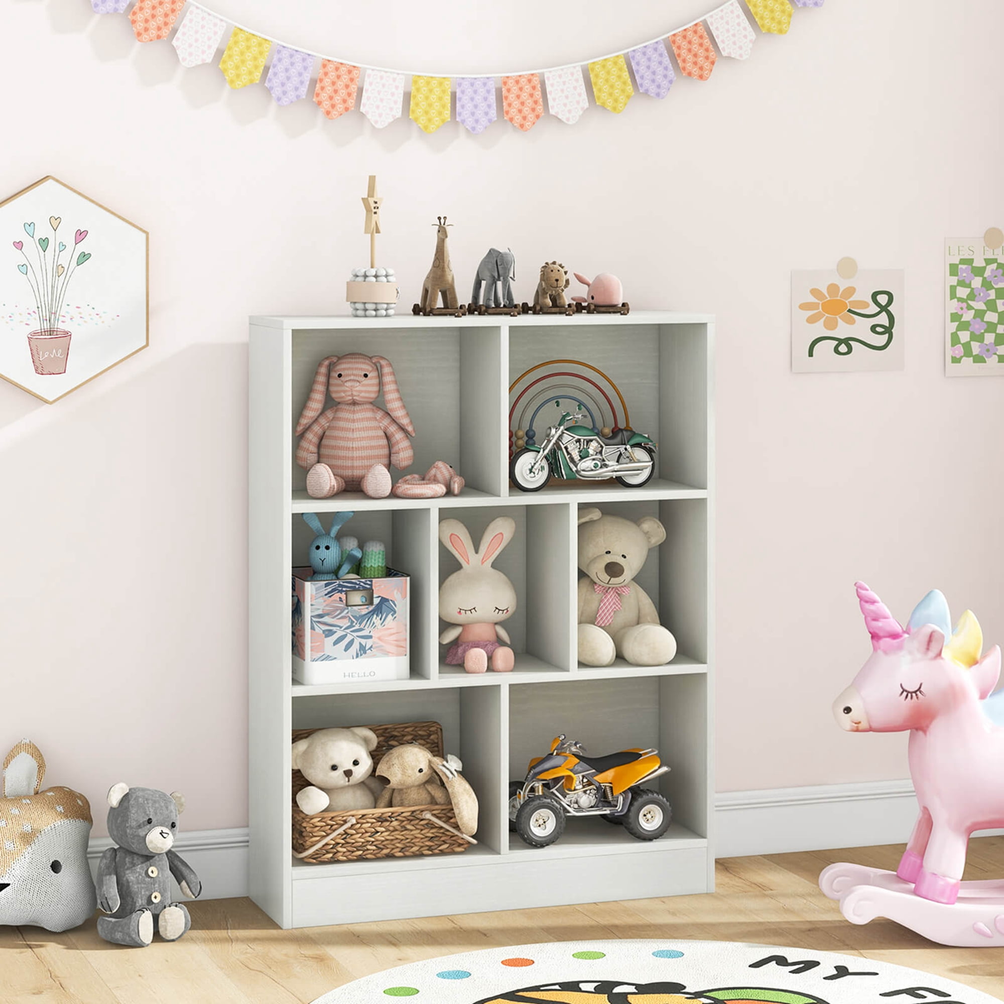 Costway 7-Cube Bookcase for Kids 41" Wooden Toy Storage Organizer Freestanding Bookshelf White