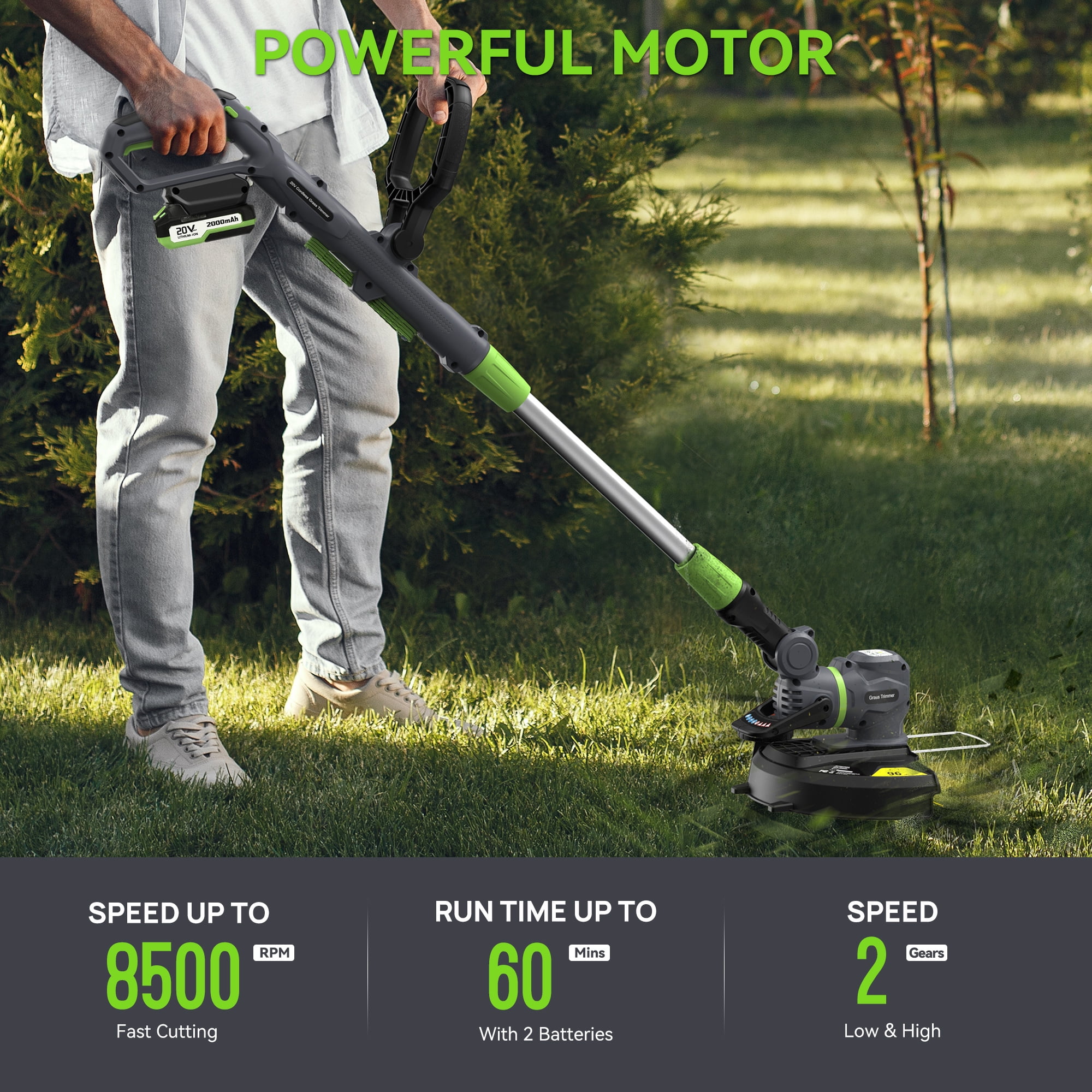 Firstness String Trimmer Cordless, 20V Electric Weed Wacker with 2 Batteries & Charger, Powerful 8500 RPM, Grass Trimmer & Edger for Lawn Care, Yard, Garden, 3-in-1 Cutting Head, Lightweight 4.85lbs