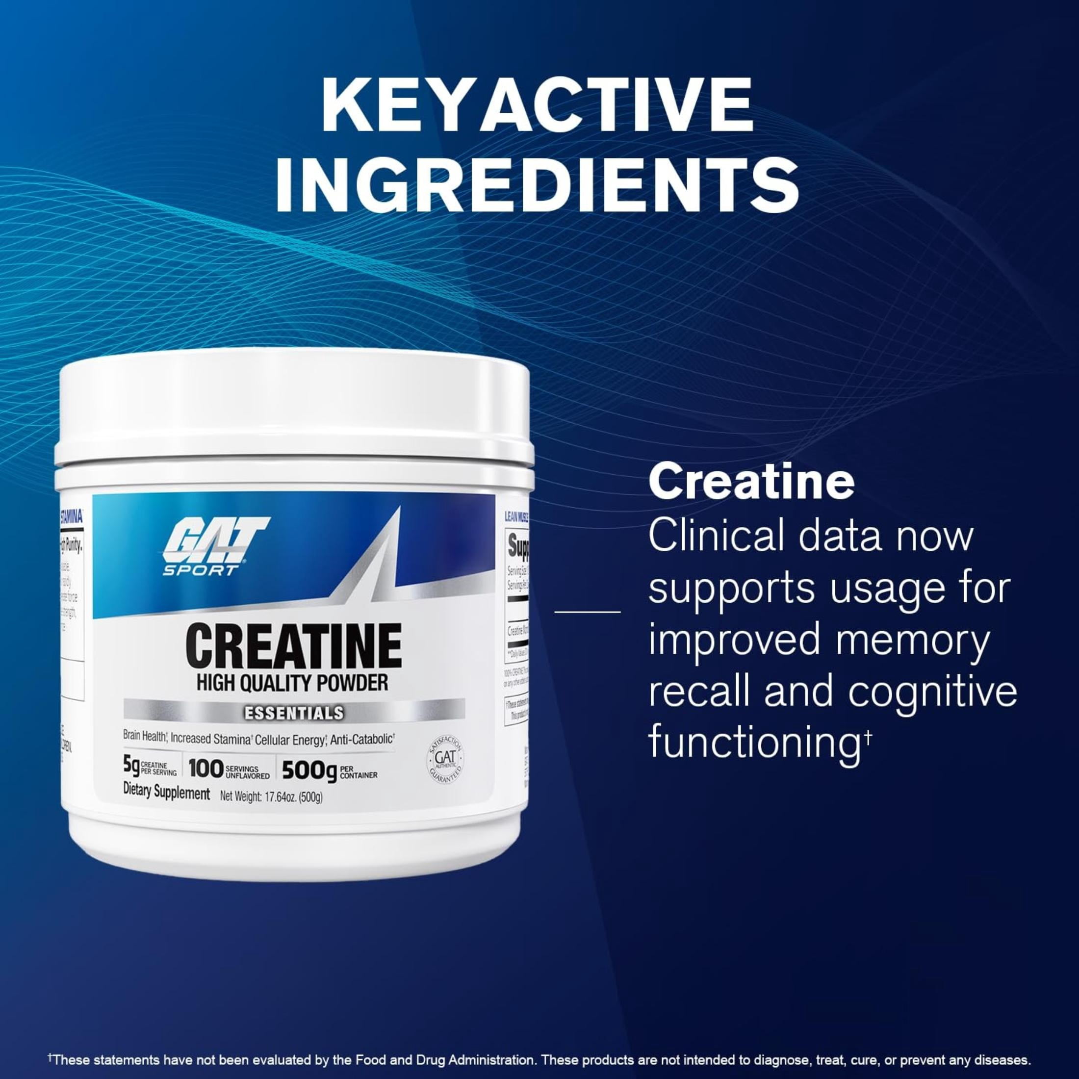 GAT SPORT Creatine Monohydrate 500 Gram Powder, Strength, Brain Health, Anti-oxidant, Endurance, for Men & Women, Unflavored, 100 Servings