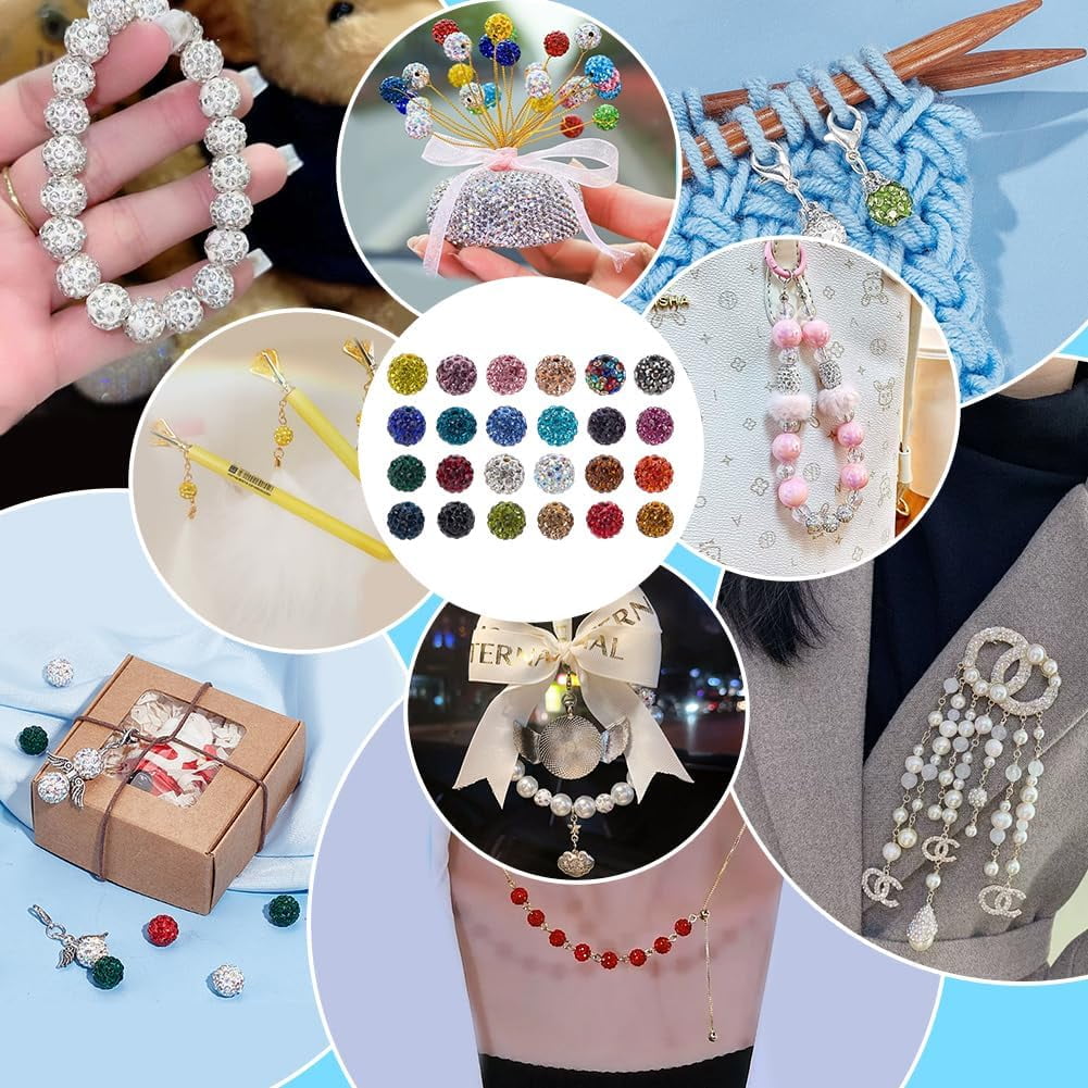 PH 240pcs 24 Colors Rhinestone Beads 10mm Pave Disco Ball Clay Beads Polymer Clay Rhinestone Bead Diamond Bead for Bracelet Baseball Necklace Earring Jewelry Making Beadable Pen Colorful