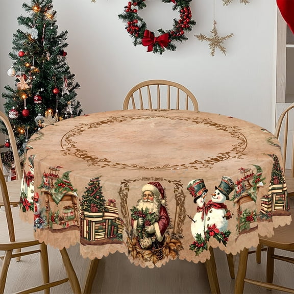 KOPOEELK Rustic Santa Snowman Village Round Tablecloth, 60 in Round Christmas Dining Decor