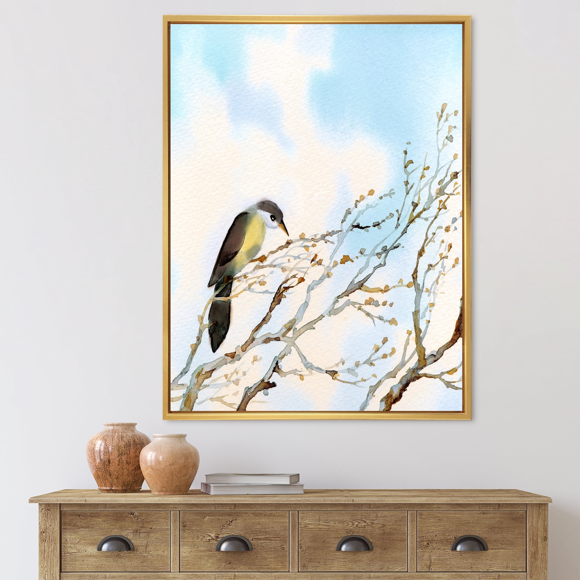 Designart 'Bird Sitting On Old Bare Tree With Blue Cloudy Sky' Traditional Framed Canvas Wall Art Print