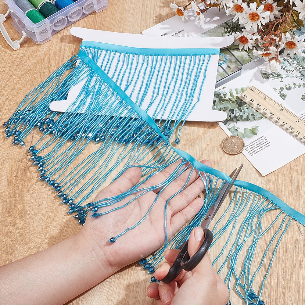 1 Yard Polyester Lace Ribbon with Glass Beads Tassel for Sewing Decoration Dodger Blue 6 inch(151mm)