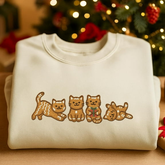 Gingerbread Cat Embroidered Sweatshirt, Christmas Holiday Crewneck