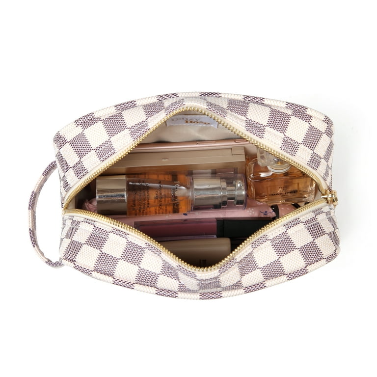 Daisy Rose Cosmetic Toiletry Bag PU Vegan Leather Travel Bag for Women -  Cream Checkered 
