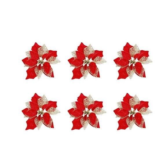 6pcs Christmas Pendant Artificial Flower Decoration DIY Christmas Ornament Glitter Fake Flower Adornment for Home Office Cafe Shop (Red Style)