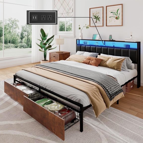 VanAcc Queen Bed Frame with 2 Storage Drawers, LED Lights, Rustic brown