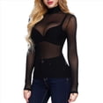 thumbnail image 3 of Camiseta de Larga Ajustada con Cuello Alto y Elástica Ultrafina para Mujer. Tops Transparentes. Negro M, 3 of 10