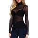 thumbnail image 3 of Camiseta de Larga Ajustada con Cuello Alto y Elástica Ultrafina para Mujer. Tops Transparentes. Negro S, 3 of 10