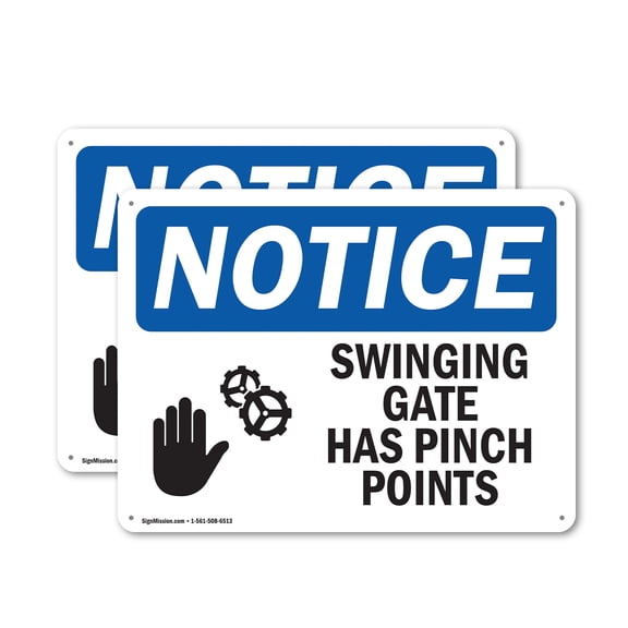 (2 Pack) Swinging Gate Has Pinch Points OSHA Notice Sign 24 Inch X 18 Inch Indoor / Outdoor Rust-Free Aluminum Metal Signs for Workplace, Workshop, and Construction Site, Made in the