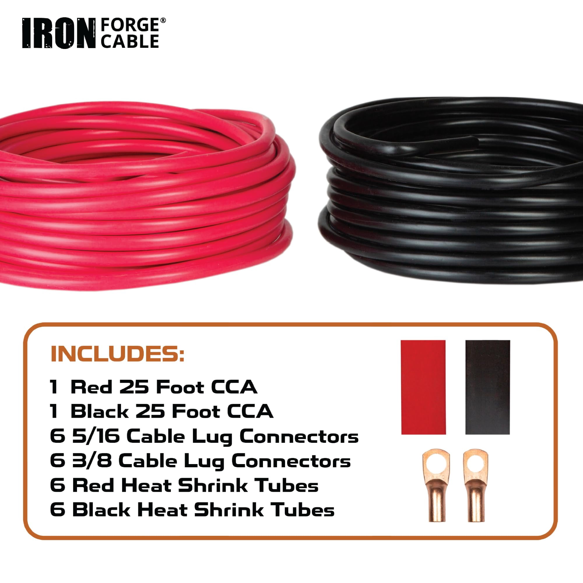 Iron Forge Cable 4 Gauge Wire - 2 Pack 25ft Copper Clad Aluminum Primary Cable 4 AWG Heavy Duty with Wire Lug Terminal Connectors and Heat Shrink Tube