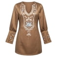 thumbnail image 2 of IWRICH Women's Vintage Suede Western Dress Long Sleeve V Neck Embroidered Ruched Short Bodycon Dresses Coffee M, 2 of 4