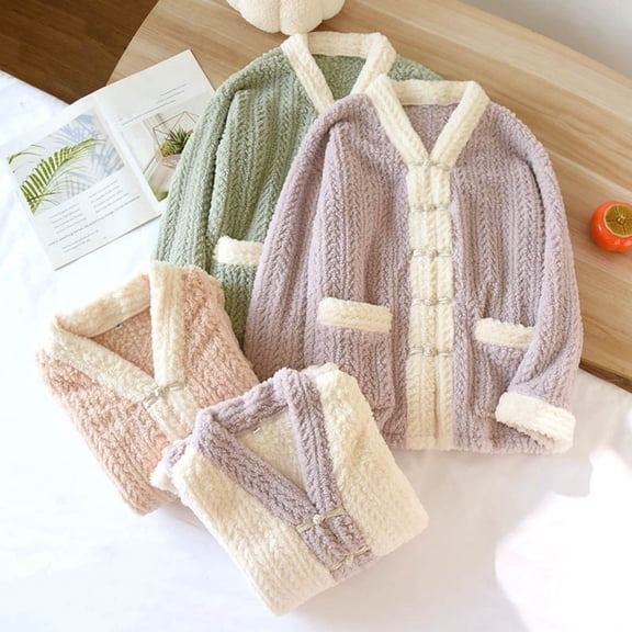 Hrsba Womens Color Block Bed Jacket Button Side Pockets Thick Warm Long Sleeve Lounge Tops
