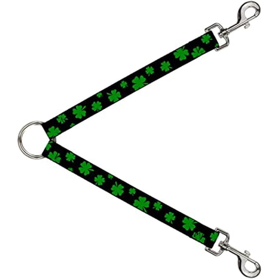 Dog Leash Splitter St Pats Clovers Scattered2 Black Green 1 Foot Long 1 Inch Wide