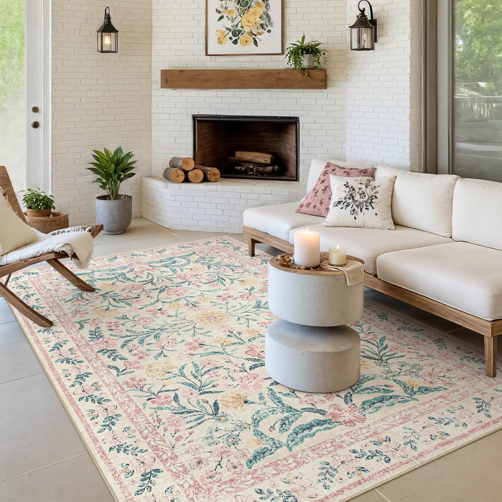 Lahome 5'x7' Washable Area Rug for Living Room with Non Slip Backing,Traditional Boho Rug,Low Pile Lightweight Carpet,Floral Print Mat,Better Home,Washable Machine for Bedroom,Pink