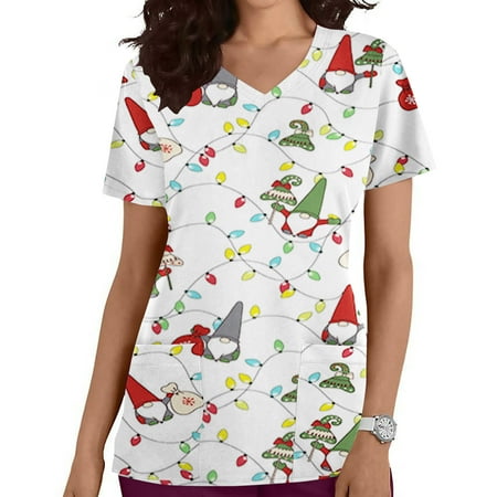 

PEONAVET Womens Nursing Scrub Tops Christmas Printed Working Uniform Short Sleeve V-Neck Workwear Blouse T-shirt with Pockets Gifts for Women