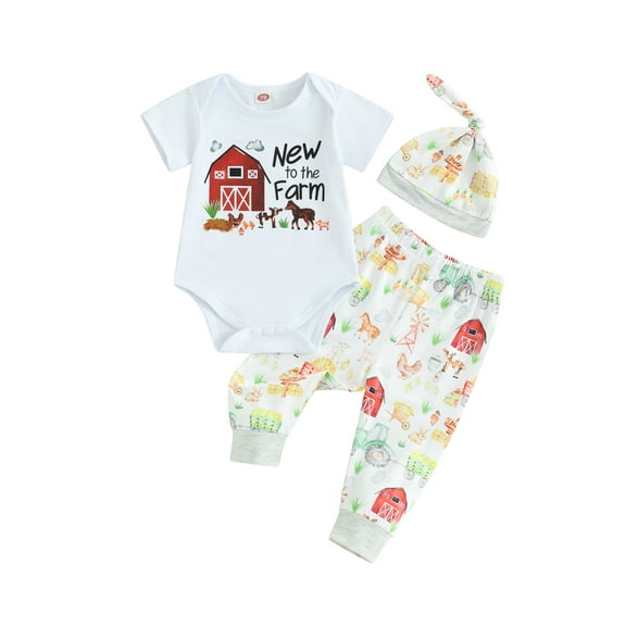 Newborn Baby Boy Girl Farm Outfit Short Sleeve Letter Romper Chicken Cow Horse Print Long Pants with Hat 3Pcs Country Clothes Set