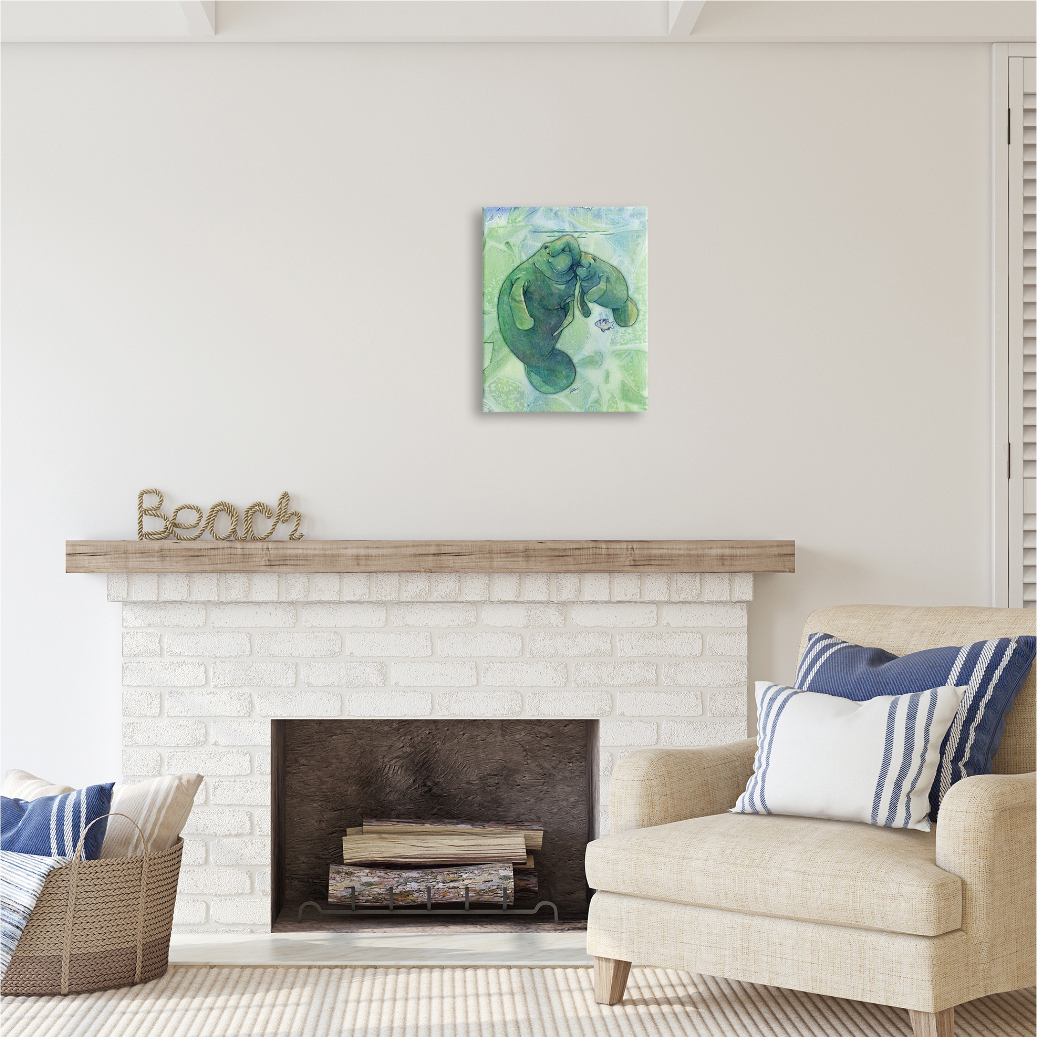 Stupell Industries Green Manatees & Fish Animals & Insects Painting Gallery Wrapped Canvas Print Wall Art, 16 x 20