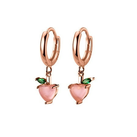 Cute Peach Dangle Hoop Earrings Sterling Silver Rose Gold Crystal Fruit Hoops for Women