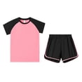 thumbnail image 5 of Girls 2 Piece Outfits Watermelon Red Raglan Sleeve Baseball Tee and Color Block Running Shorts Set Moisture Wicking Athletic Wear for Summer Active Matching Sets,Size 13-14T, 5 of 6