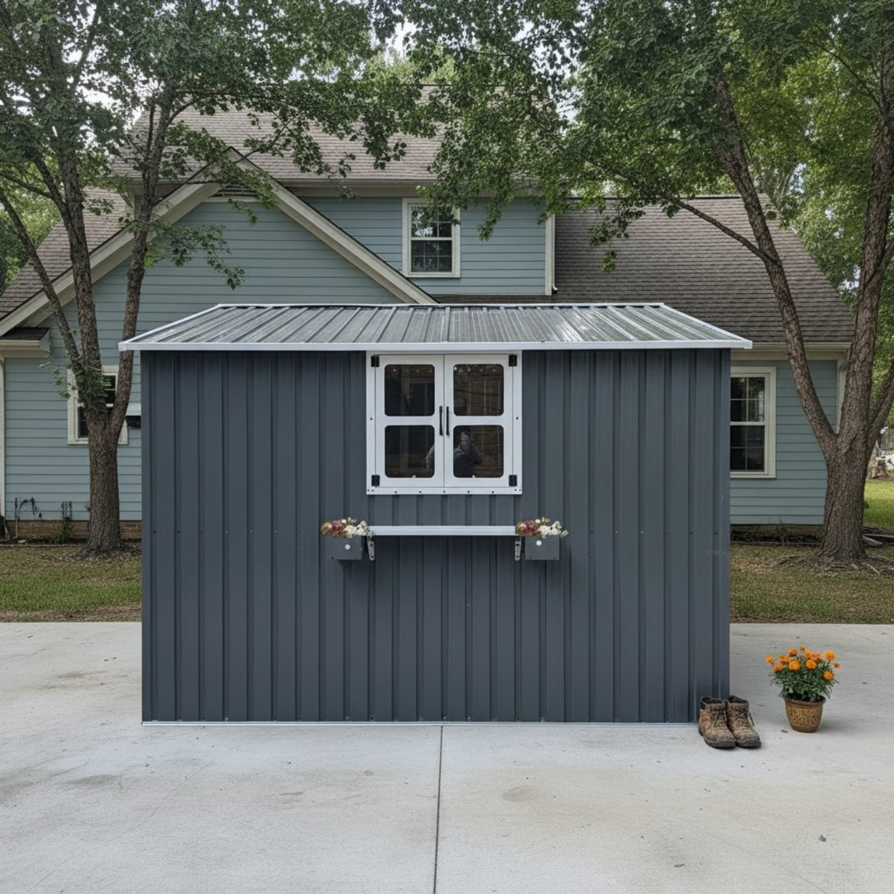 Aukfa 10x8 FT Outdoor Storage Shed with Lockable Doors&Flower Rack, Metal Garden Shed for Bike/Generator/Tool Storage, Coal Gray