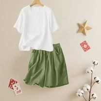 Endives Women's Cotton Linen T Shirt Elastic Waist Shorts Set Summer Short Sleeve T-shirt Shorts Set Two Piece Outfit