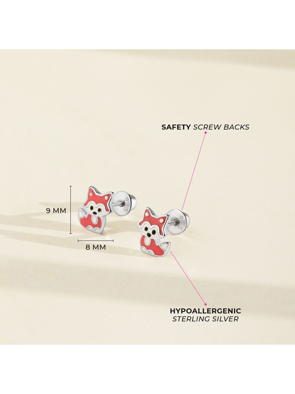 Little Fox Kids / Childrens / Girls Earrings Screw Back Enamel - Sterling Silver