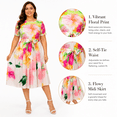 thumbnail image 5 of Women's Tropical Floral Satin Dress Crew Neck Short Puff Sleeve Self Tie Bow Waist Pleated Midi Dress, 5 of 6