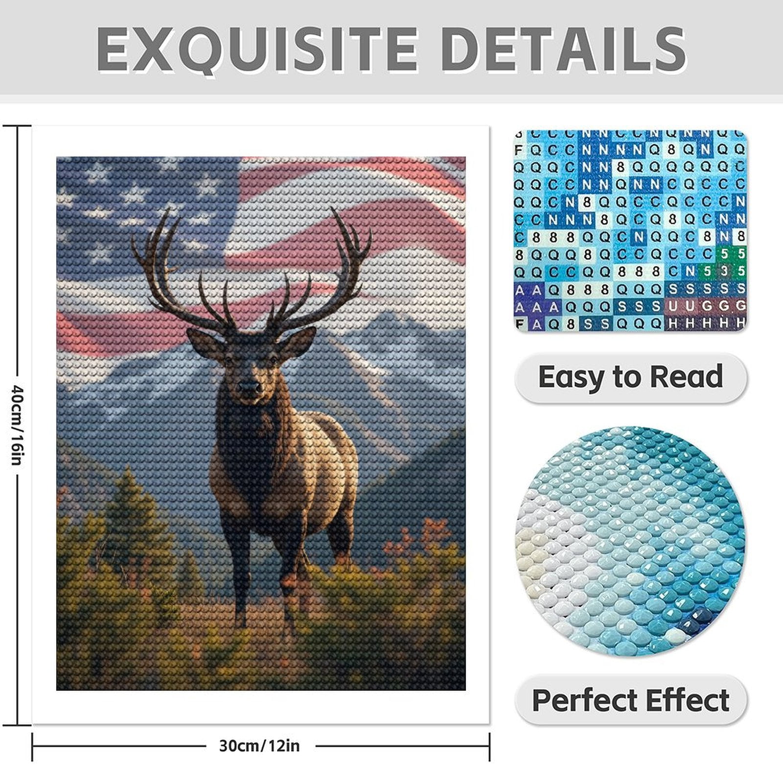 Diamond Art Kit for Adults, Flag Mountain Elk Scenery Diamond Painting for Adults Beginners, DIY Diamond Art Painting Kits, 5D Diamond Painting Crafts for Home Decor 12x16 Frameless
