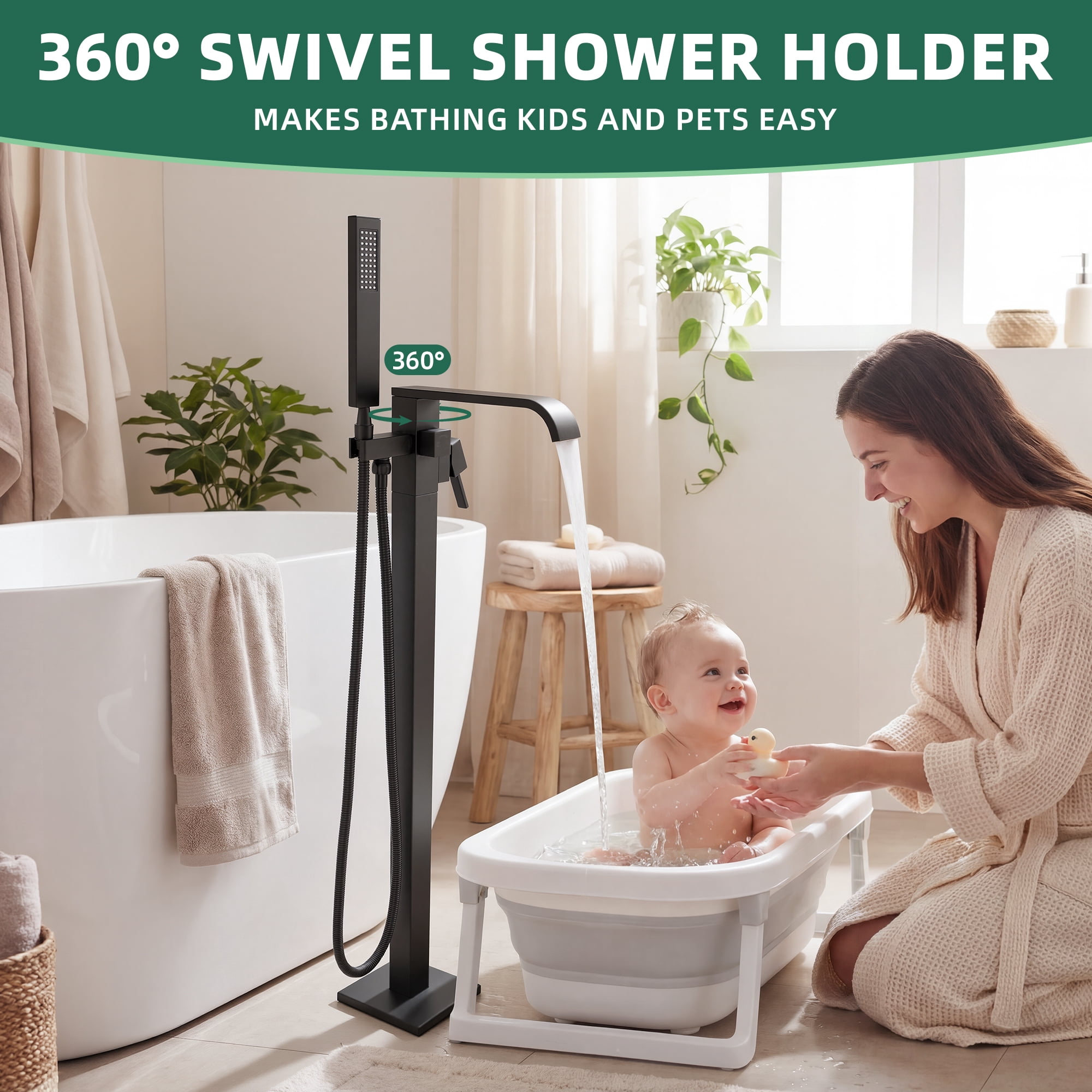 Free Standing Tub Faucet, High Flow Freestanding Bathtub Faucet with Waterfall Spout & Handheld Shower, 360°Swivel Tub Filler, Brass Body, Matte Black