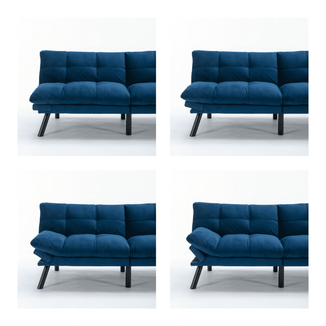 Convertible Futon Sofa Bed, 4 in 1 Sleeper Futon Couch Bed with Adjustable Armrest & Backrest, Memory Foam Futon Sofa Loveseat Sofa Bed in Velvet, Small Sofa for Living Room, Office, Apartment, Blue