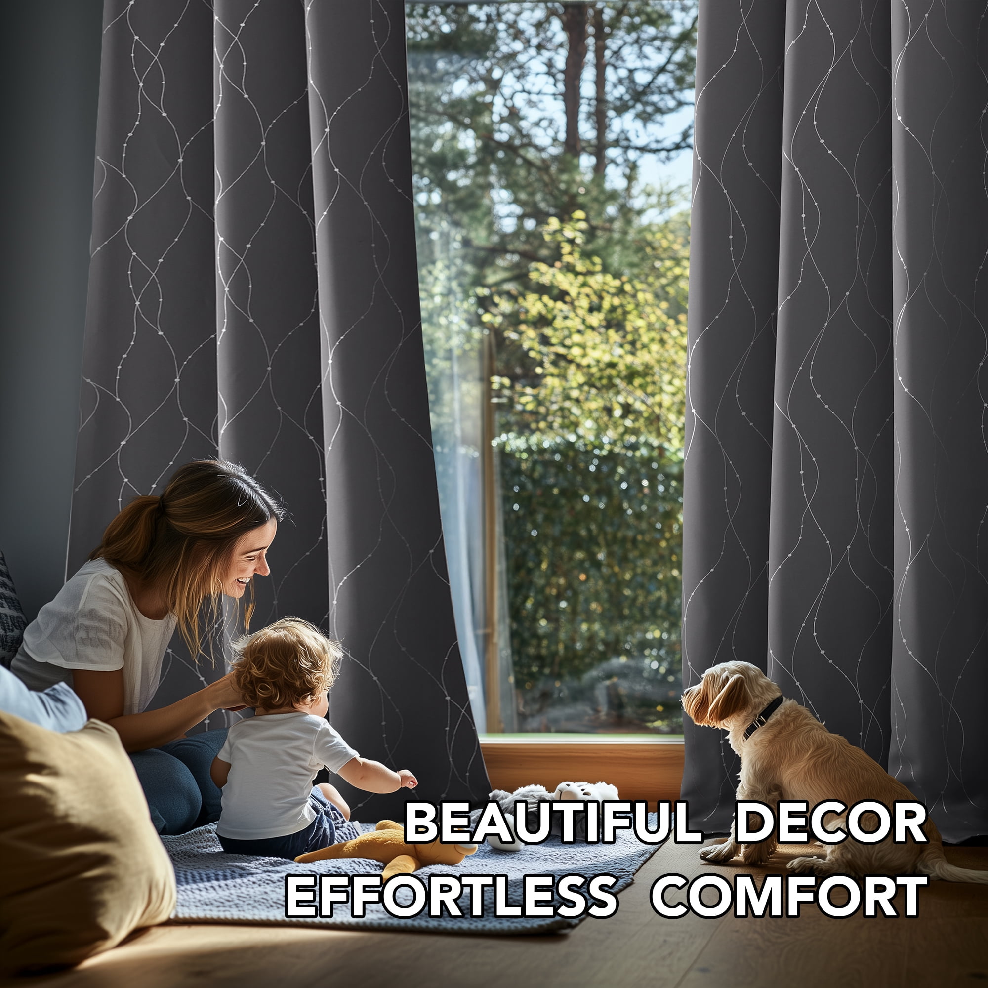 Deconovo Silver Printed Blackout Curtains - 2 Panels, Wave Dots Pattern, Grommet Top, 42"x84", Thermal Insulated Drapes for Bedroom & Living Room, Dark Gray