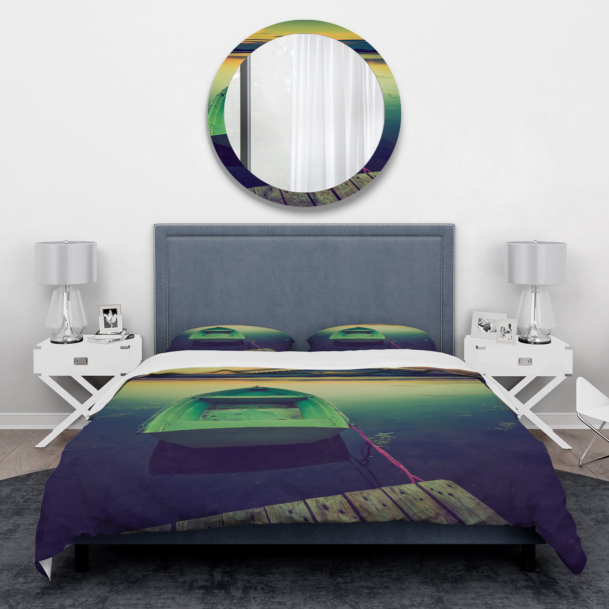 Designart 'Boat and Wooden Pier in Lake' Traditional Duvet Cover Set