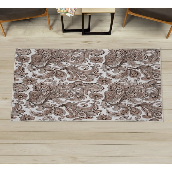 Paisley Decorative Rug, Ethnic Swirly Flowers Leaves Floral Pattern Bohemian Style Country Print, Quality Carpet for Bedroom Dorm and Living Room, 6 Sizes, Warm Taupe Dark Brown, by Ambesonne