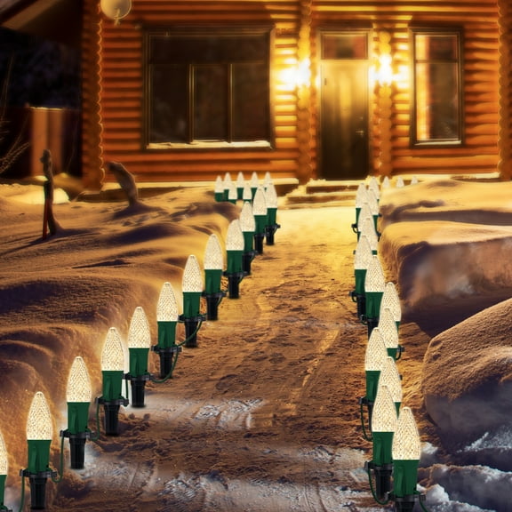 LAMPHOME Warm White C9 Christmas Pathway Lights Outdoor, 25.7Ft 20 Bulbs Waterproof Walkway Lights with Stakes, Connectable Yard Decor for Driveway Sidewalk Garden Holiday