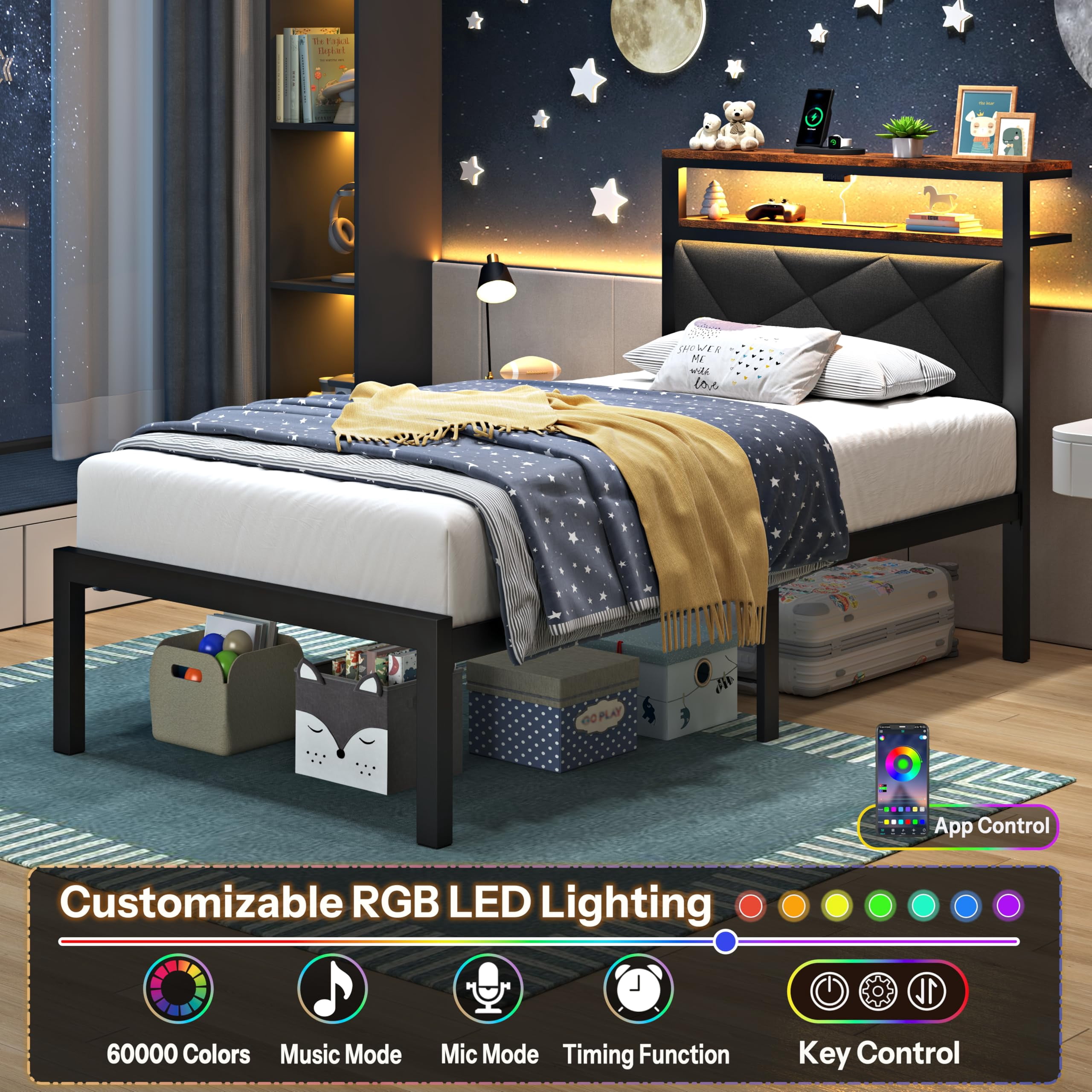 ChicZhiNest Twin Size Bed Frame with Storage Headboard and LED Light, Metal Platform Bed with Charging Station, Black