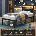 thumbnail image 3 of ChicZhiNest Twin Size Bed Frame with Storage Headboard and LED Light, Metal Platform Bed with Charging Station, Black, 3 of 10